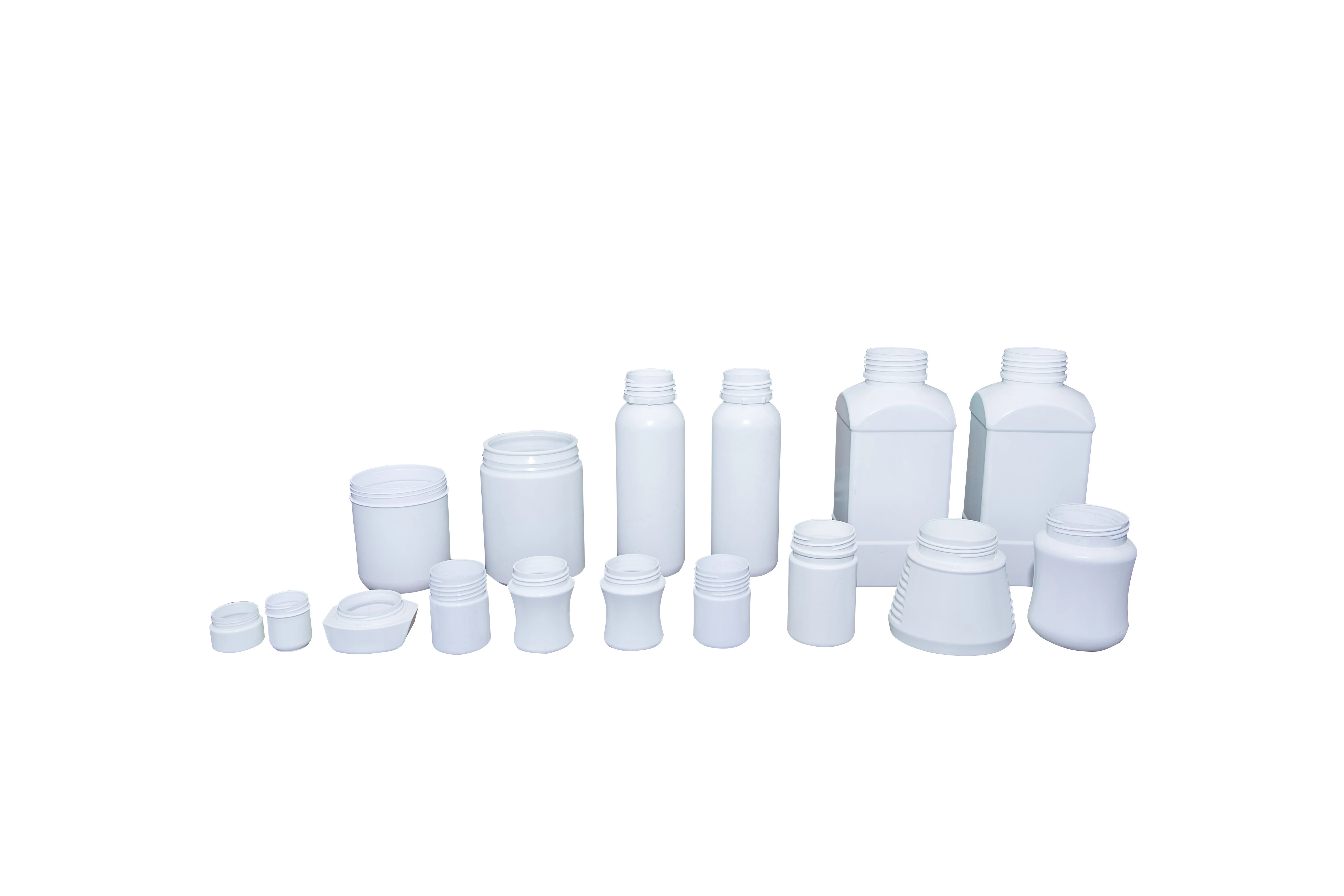 White chemical bottle and jar samples in multiple capacities against a pure white background