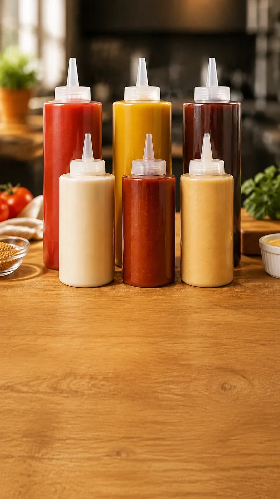 Food sauce bottles in front of a working kitchen scene