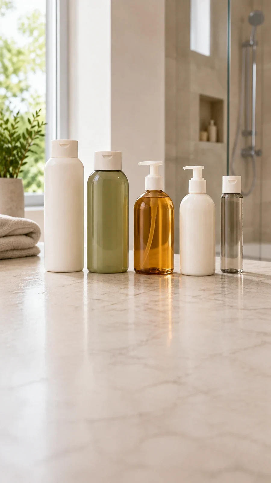Personal-care bottles arranged in a bathroom-use setting