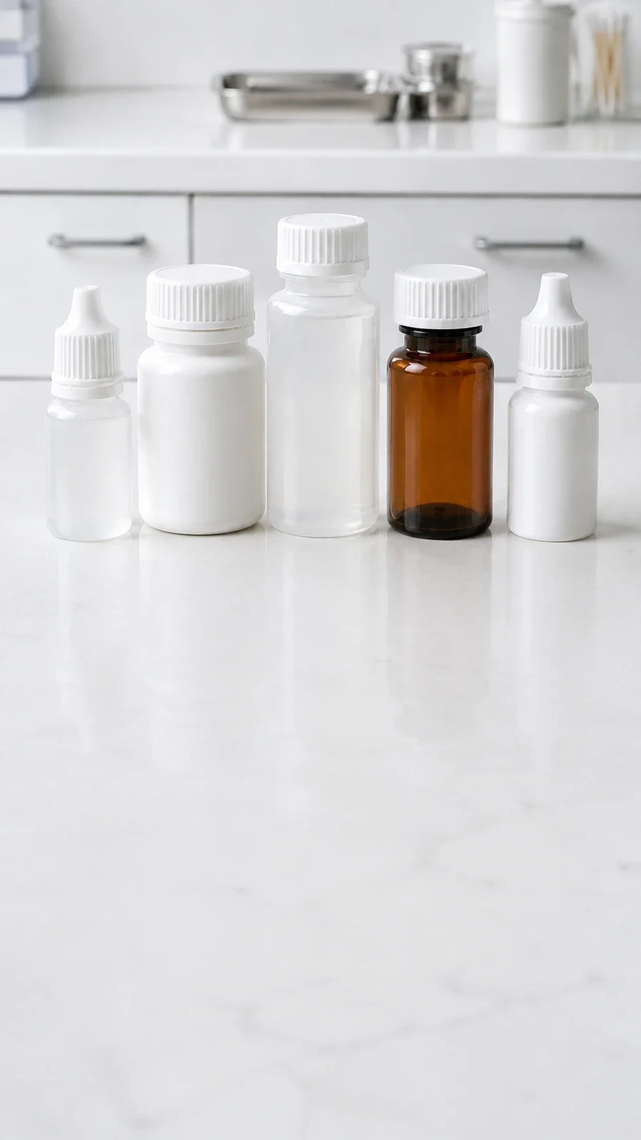 Pharmaceutical bottle formats presented in a medicine-production setting