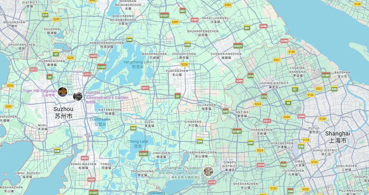 Map showing Zhangjiagang near Suzhou and Shanghai