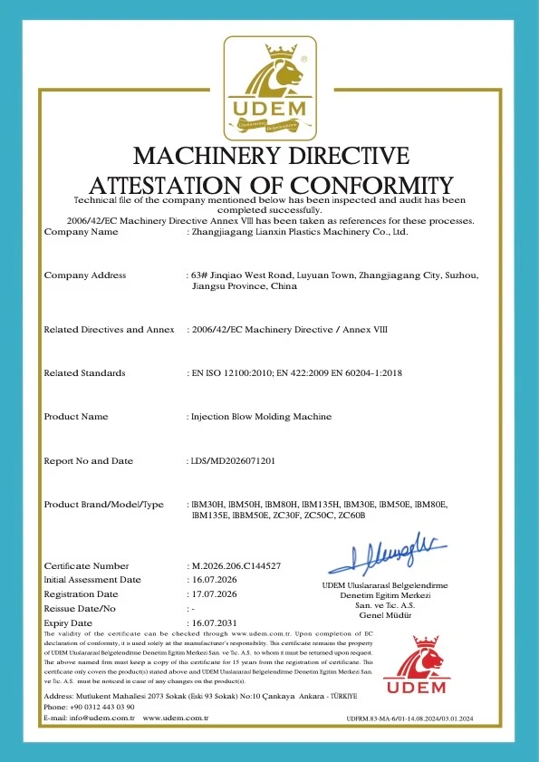Machinery Directive attestation for LIANXIN injection blow molding machines